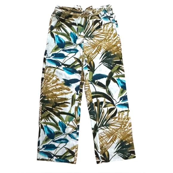 Chico’s Size 00 (US 2) Tropical Print Linen Elastic Waist Wide Leg Pants Pockets - Picture 1 of 6